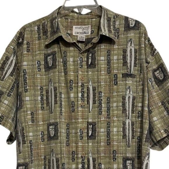 Vintage 90s Weathered Dye Crossings Button-up Shirt Men's XL Brown Green Tribal - Picture 3 of 13